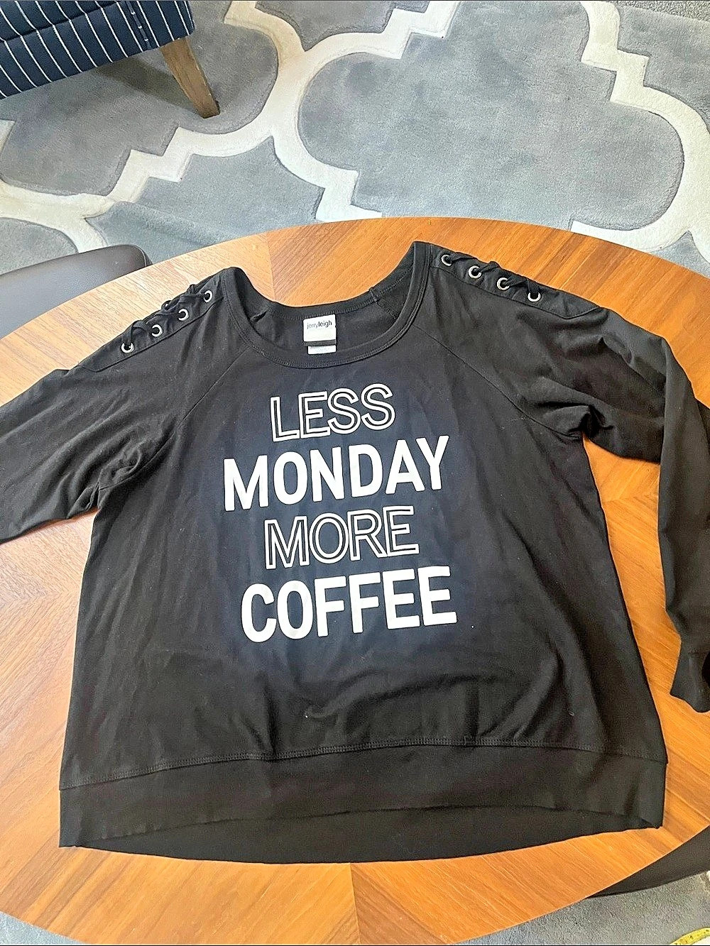 Jerry Leigh Less Monday More Coffee Graphic Sweatshirt Black & White Large